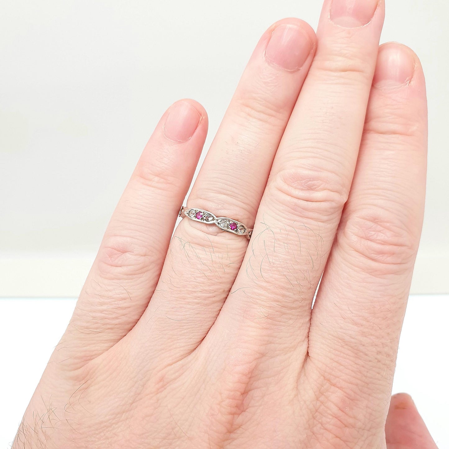 Antique Eternity Ring Solid Silver Ruby & White Spinel 1920s Full Art Deco Red Gemstone Womens Jewellery Jewelry