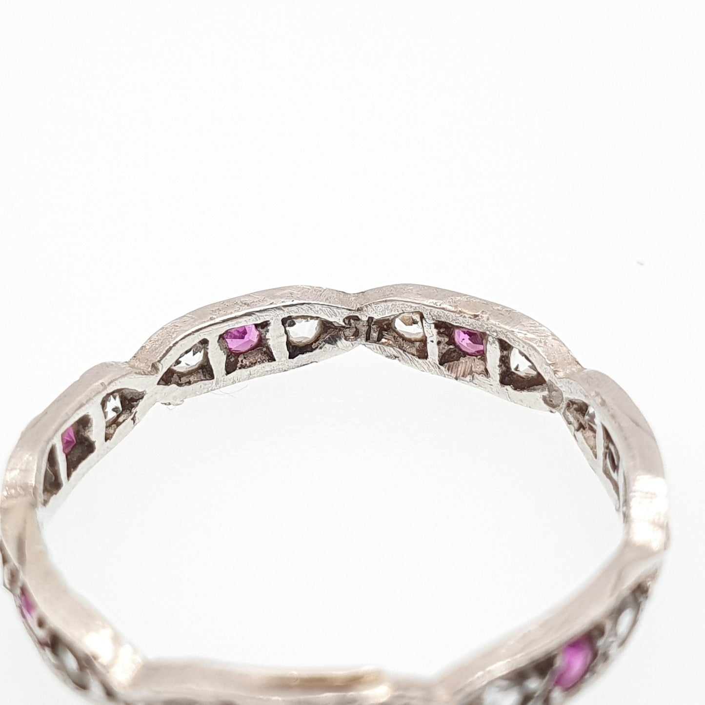 Antique Eternity Ring Solid Silver Ruby & White Spinel 1920s Full Art Deco Red Gemstone Womens Jewellery Jewelry