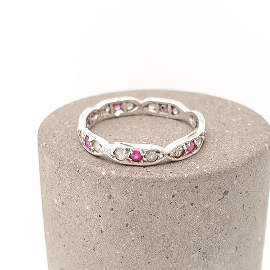Antique Eternity Ring Solid Silver Ruby & White Spinel 1920s Full Art Deco Red Gemstone Womens Jewellery Jewelry