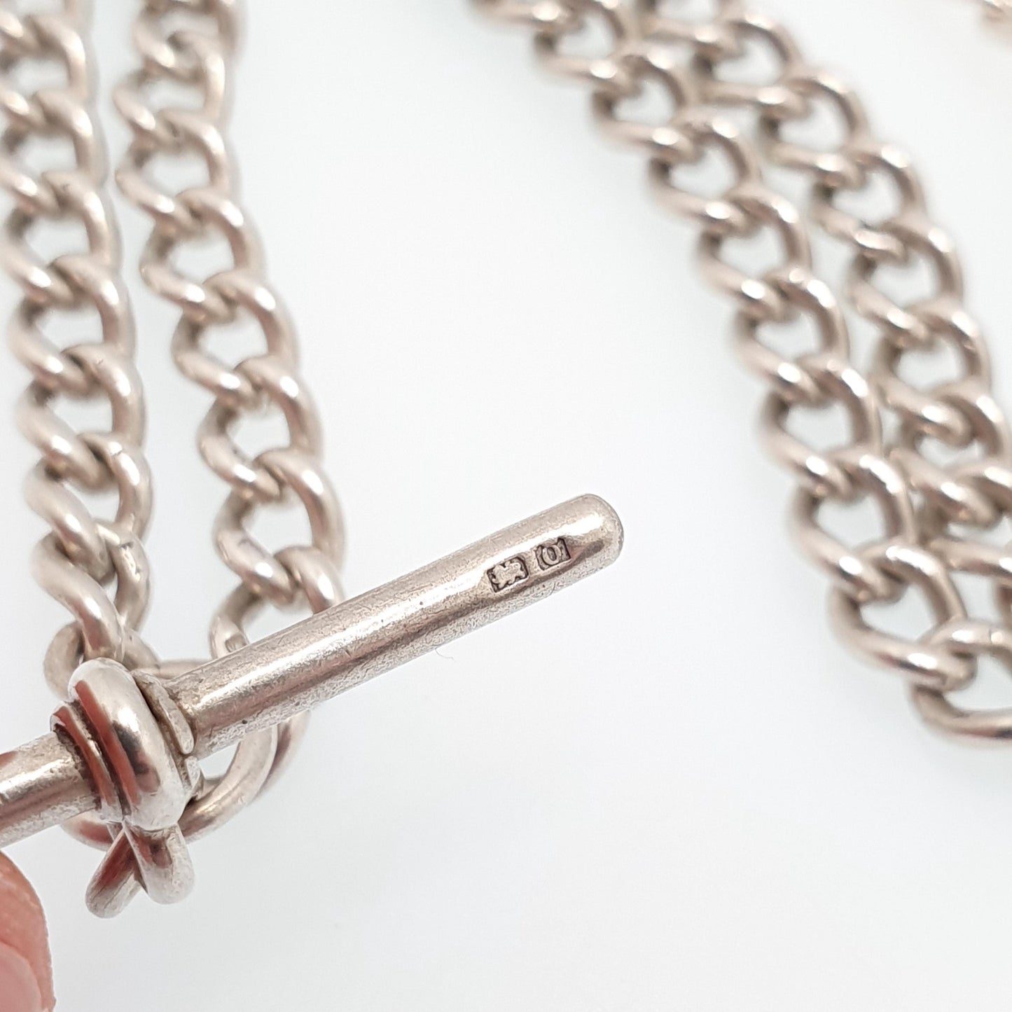 Antique Sterling Silver Albert Chain T Bar Necklace Curb Link Dog Clip 40cm 15.7" 25.68g 1913 Hallmark Vintage Jewelry Womens