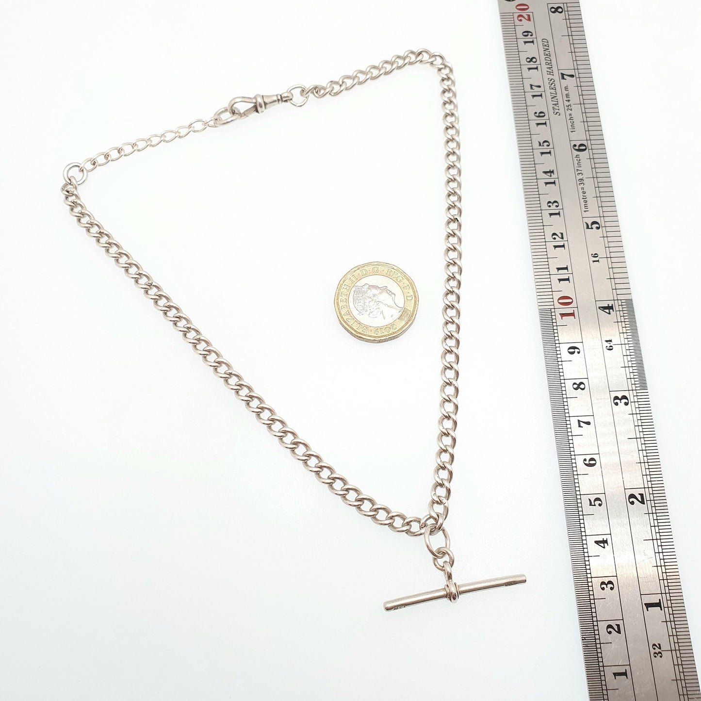 Antique Sterling Silver Albert Chain T Bar Necklace Curb Link Dog Clip 40cm 15.7" 25.68g 1913 Hallmark Vintage Jewelry Womens