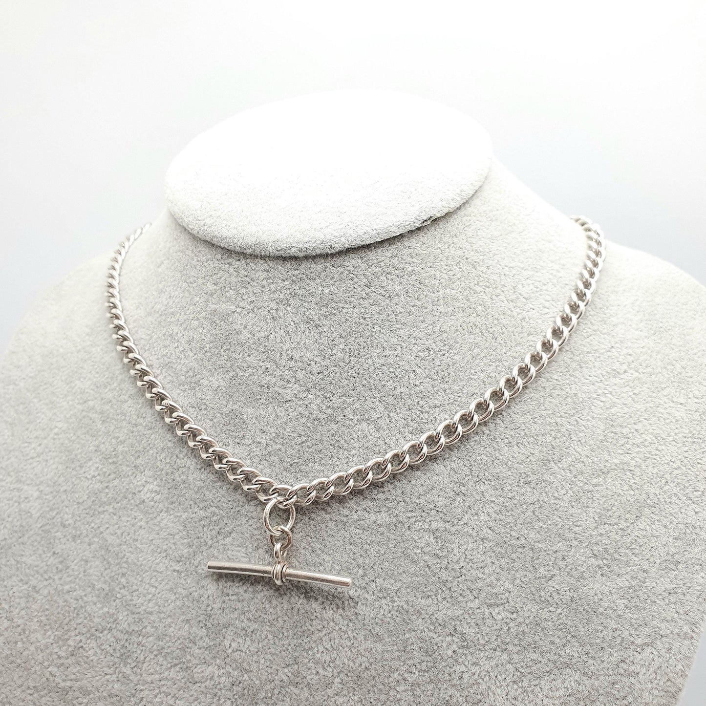 Antique Sterling Silver Albert Chain T Bar Necklace Curb Link Dog Clip 40cm 15.7" 25.68g 1913 Hallmark Vintage Jewelry Womens