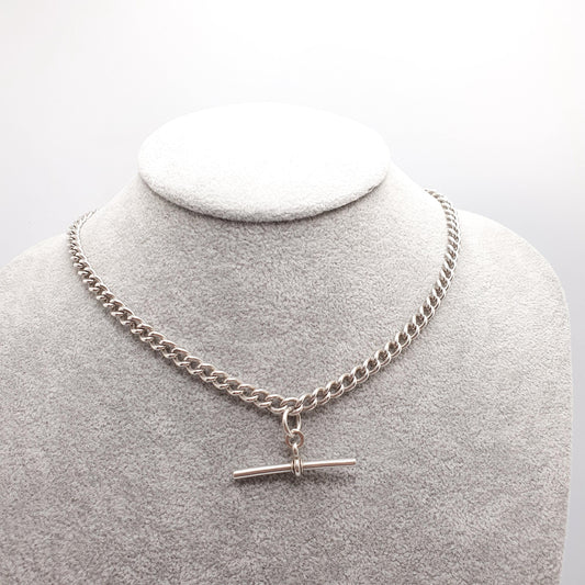Antique Sterling Silver Albert Chain T Bar Necklace Curb Link Dog Clip 40cm 15.7" 25.68g 1913 Hallmark Vintage Jewelry Womens
