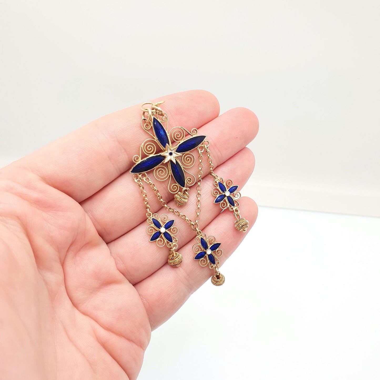Antique Solid Silver MARIUS HAMMER Enamel Necklace Pendant Gold Vermeil Cruciform Cross Star Filigree Solje Scandinavian Vintage