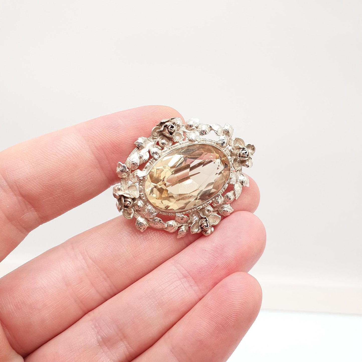 Antique Sterling Silver Citrine Brooch Very Rare Art Nouveau Genuine Real Gemstone Vintage Jewelry Jewellery