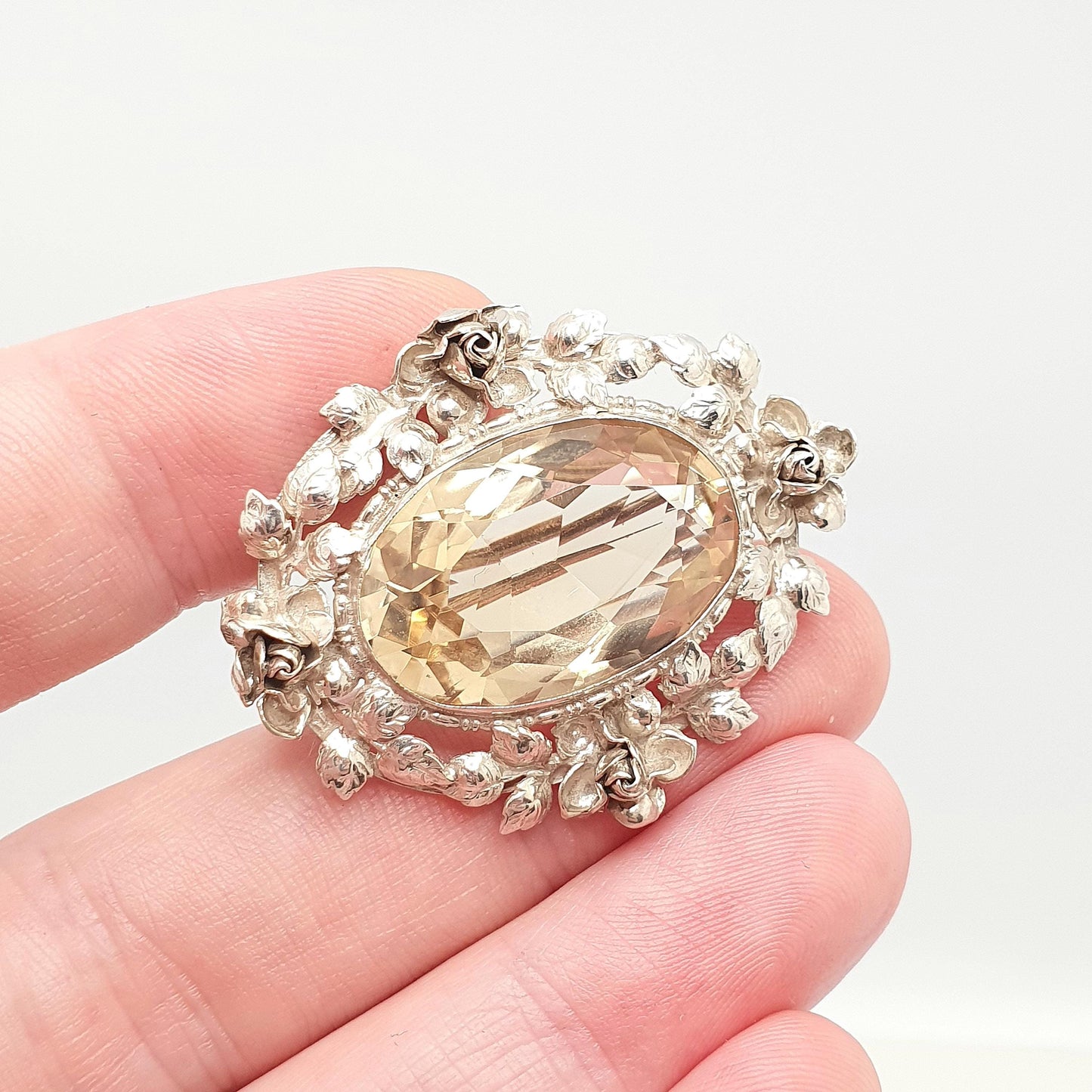 Antique Sterling Silver Citrine Brooch Very Rare Art Nouveau Genuine Real Gemstone Vintage Jewelry Jewellery