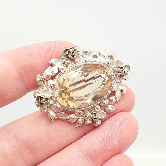 Antique Sterling Silver Citrine Brooch Very Rare Art Nouveau Genuine Real Gemstone Vintage Jewelry Jewellery