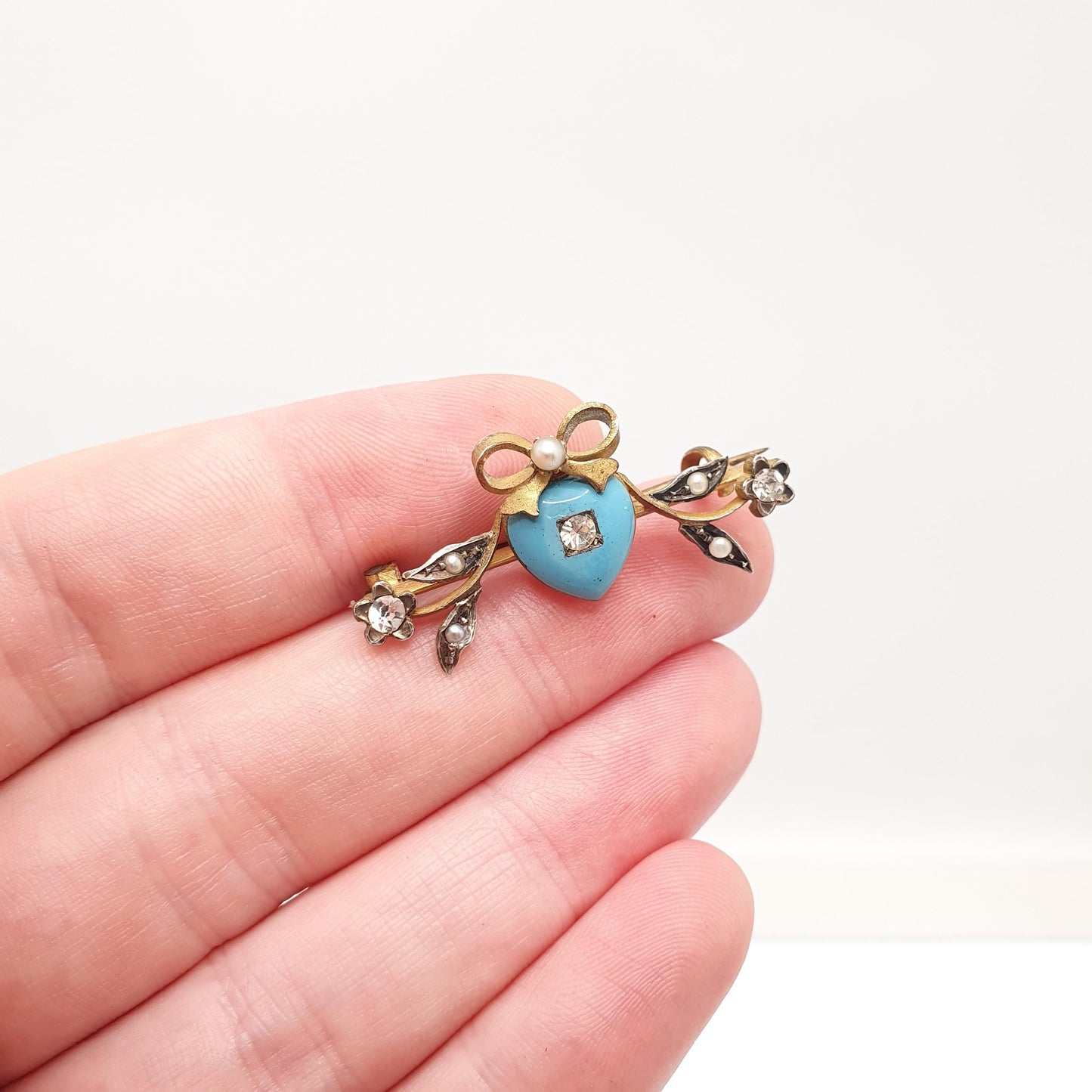 Antique Victorian Gold Gilt Enamel Heart Brooch Sky Blue Diamond Paste Bow Sweetheart Womens Jewelry Jewellery Vintage