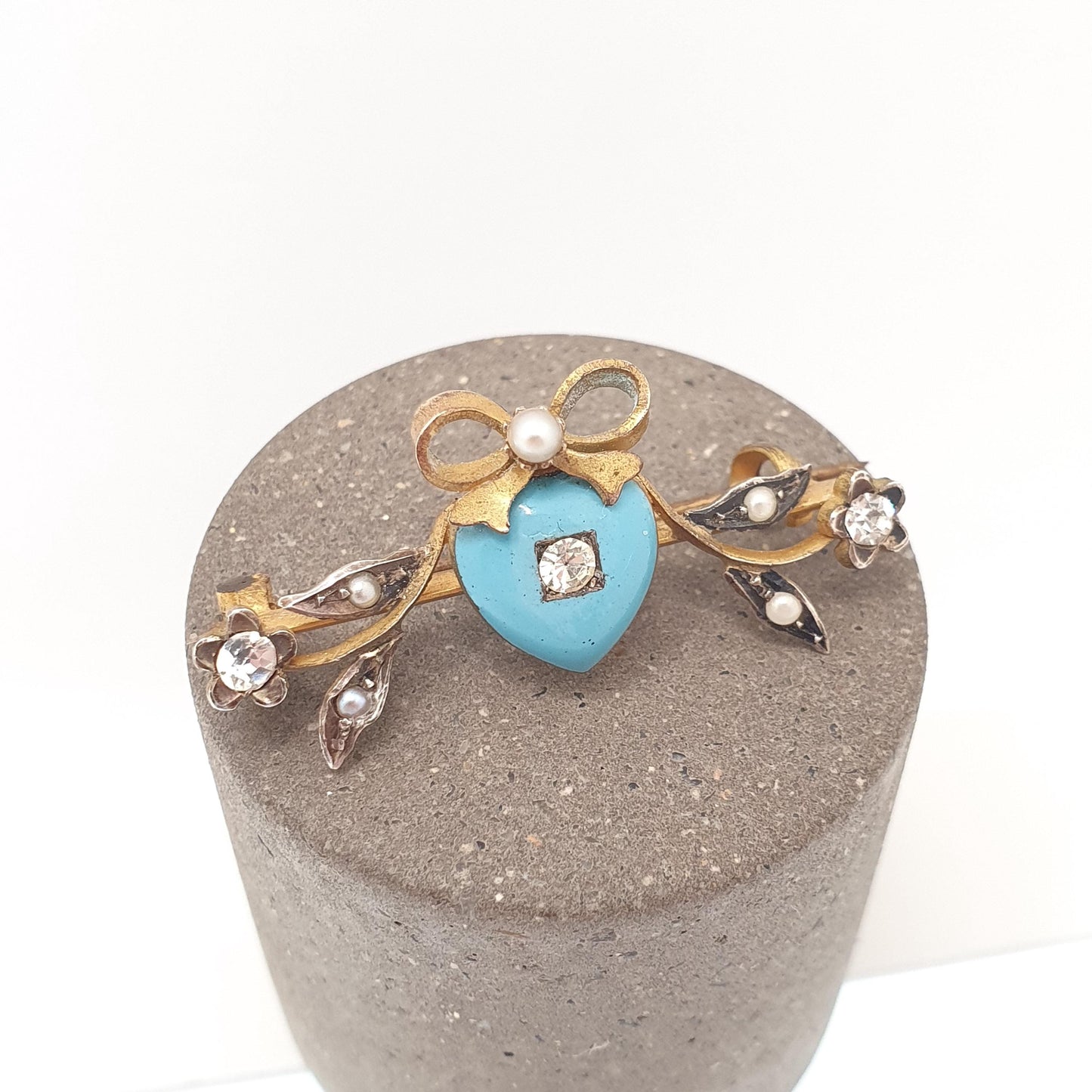 Antique Victorian Gold Gilt Enamel Heart Brooch Sky Blue Diamond Paste Bow Sweetheart Womens Jewelry Jewellery Vintage