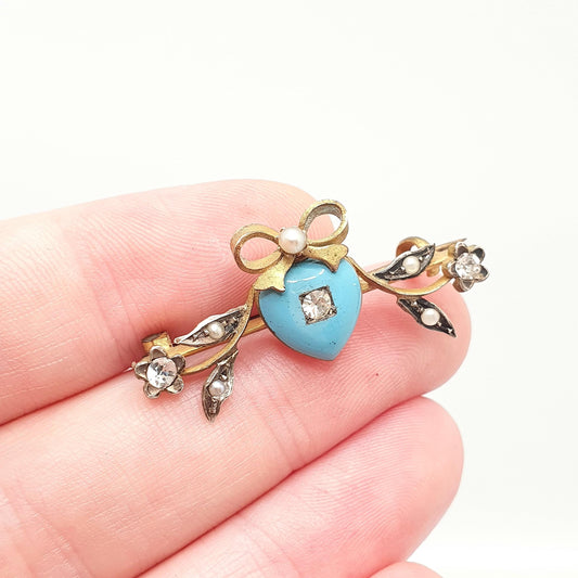 Antique Victorian Gold Gilt Enamel Heart Brooch Sky Blue Diamond Paste Bow Sweetheart Womens Jewelry Jewellery Vintage