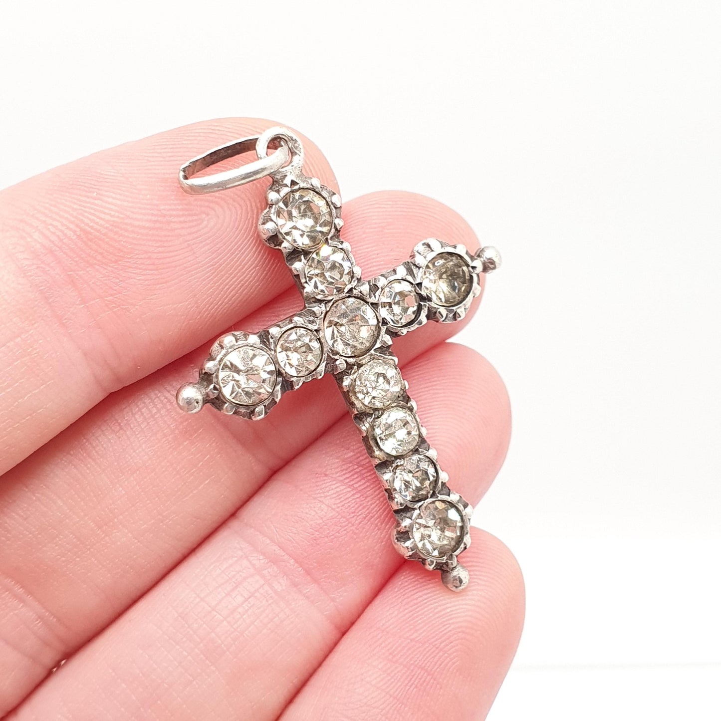 Antique Solid Silver Paste Crucifix Pendant Cross Necklace French Jewelry Sparkly Christian Catholic Jewellery Jewelry
