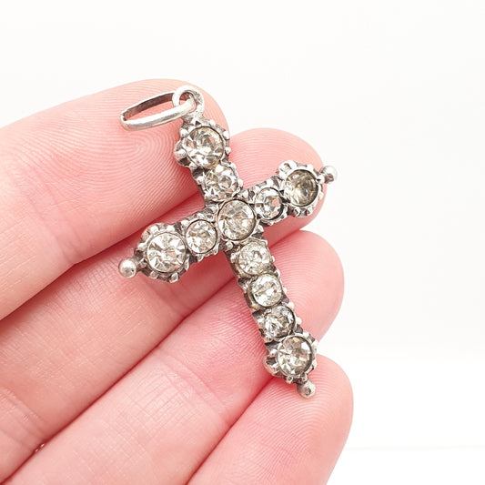 Antique Solid Silver Paste Crucifix Pendant Cross Necklace French Jewelry Sparkly Christian Catholic Jewellery Jewelry
