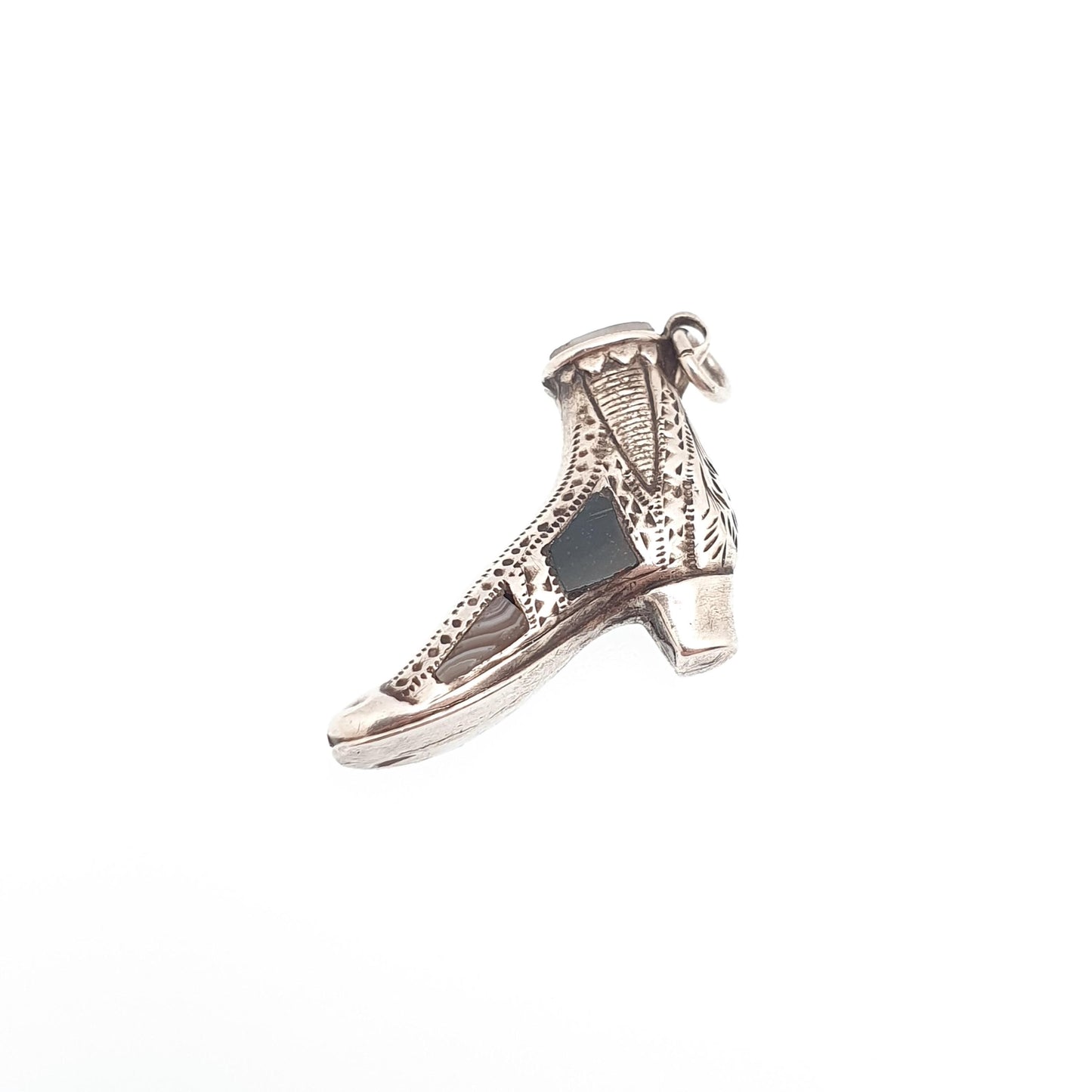 Antique Sterling Silver Victorian Shoe Pendant Necklace Scottish Montrose Lace Agate Bloodstone Charm Vintage Jewelry Jewellery