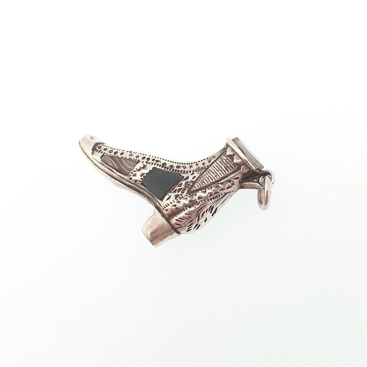 Antique Sterling Silver Victorian Shoe Pendant Necklace Scottish Montrose Lace Agate Bloodstone Charm Vintage Jewelry Jewellery