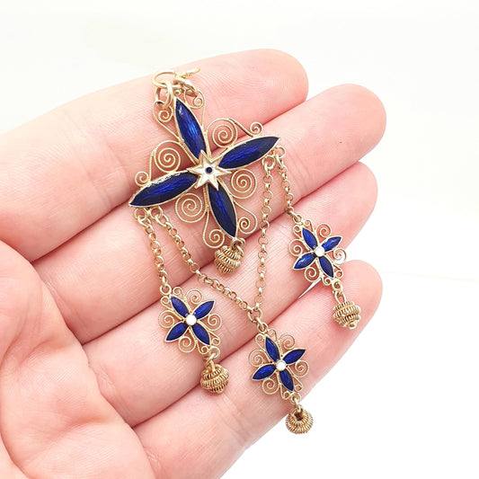 Antique Solid Silver MARIUS HAMMER Enamel Necklace Pendant Gold Vermeil Cruciform Cross Star Filigree Solje Scandinavian Vintage