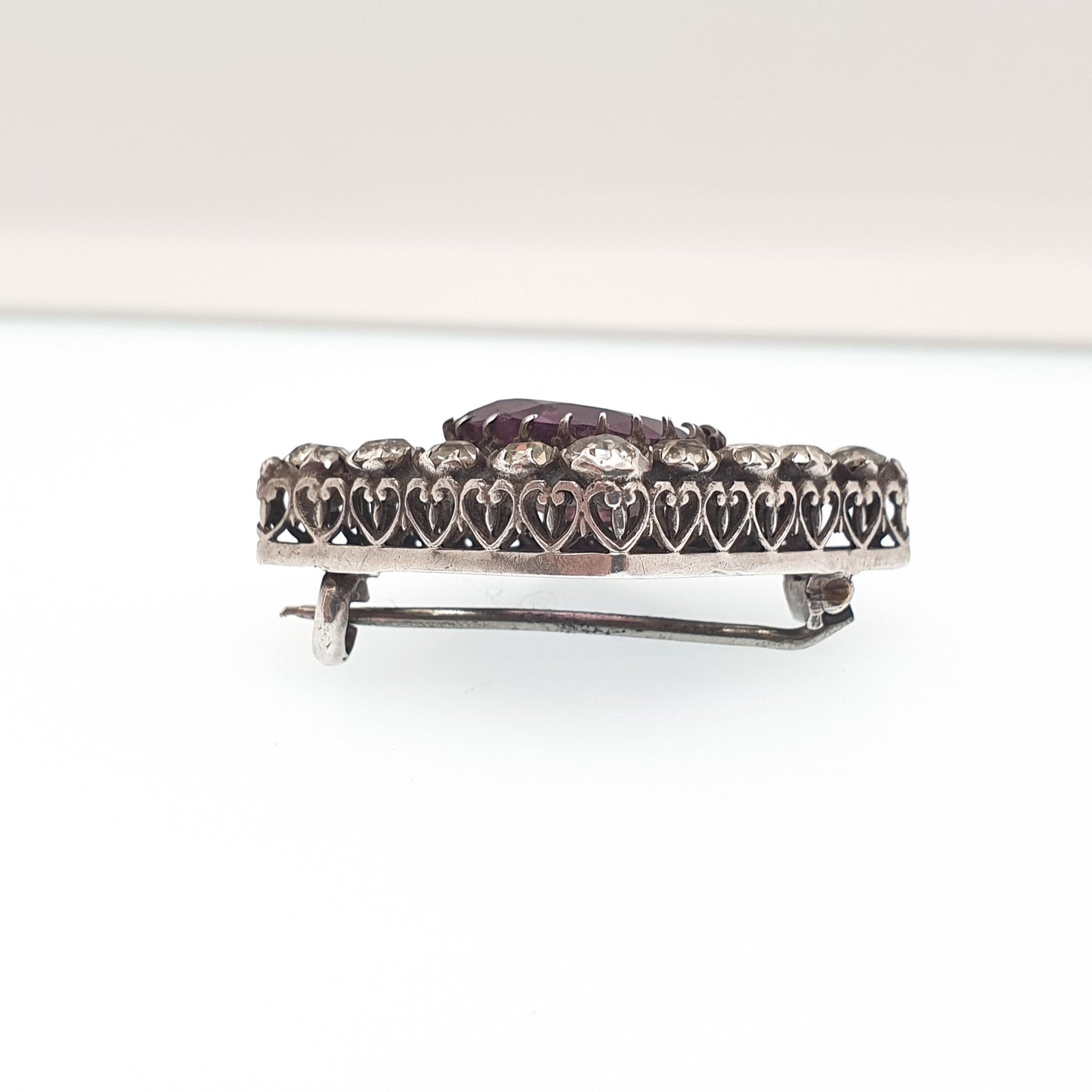 Antique Solid Silver Amethyst Paste Brooch Victorian Diamond Pastes Kite Shape Heart Border 1800s Vintage Jewelry Jewellery