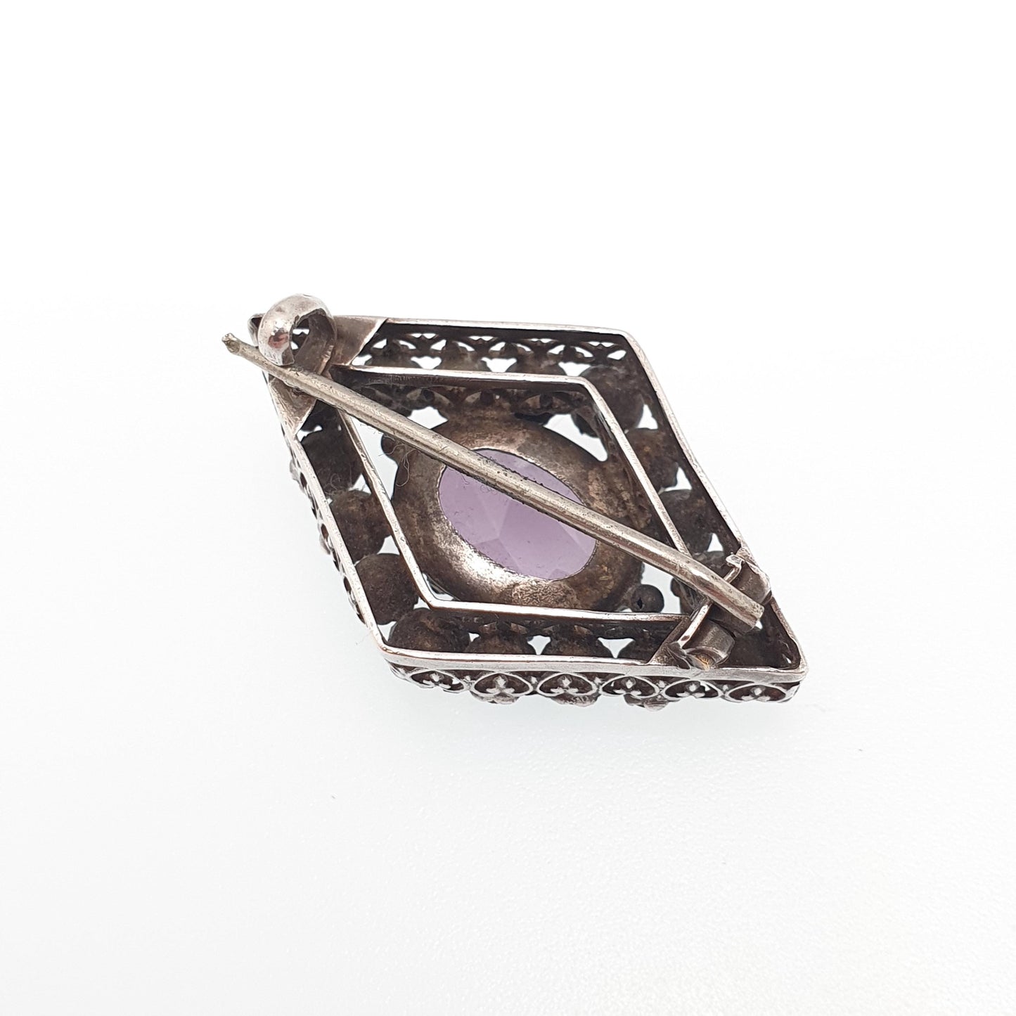 Antique Solid Silver Amethyst Paste Brooch Victorian Diamond Pastes Kite Shape Heart Border 1800s Vintage Jewelry Jewellery