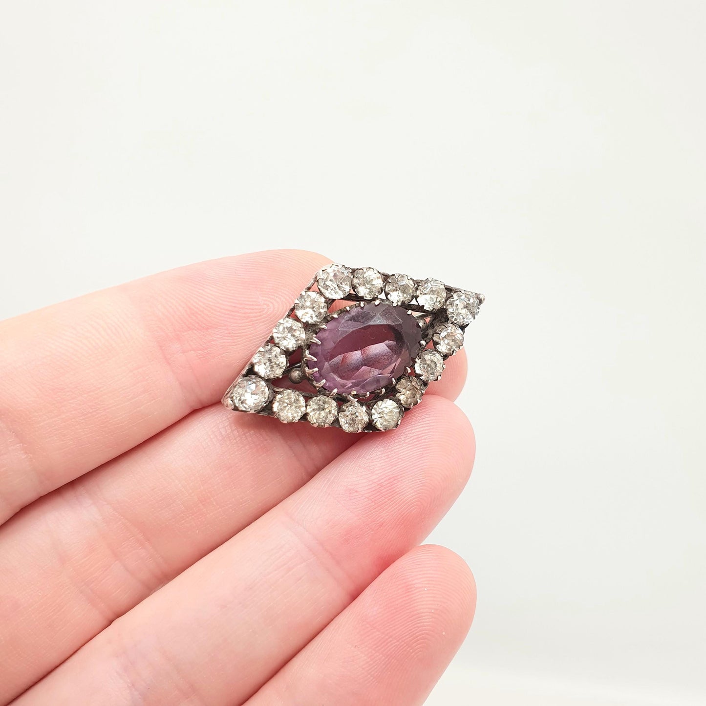 Antique Solid Silver Amethyst Paste Brooch Victorian Diamond Pastes Kite Shape Heart Border 1800s Vintage Jewelry Jewellery
