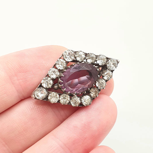 Antique Solid Silver Amethyst Paste Brooch Victorian Diamond Pastes Kite Shape Heart Border 1800s Vintage Jewelry Jewellery