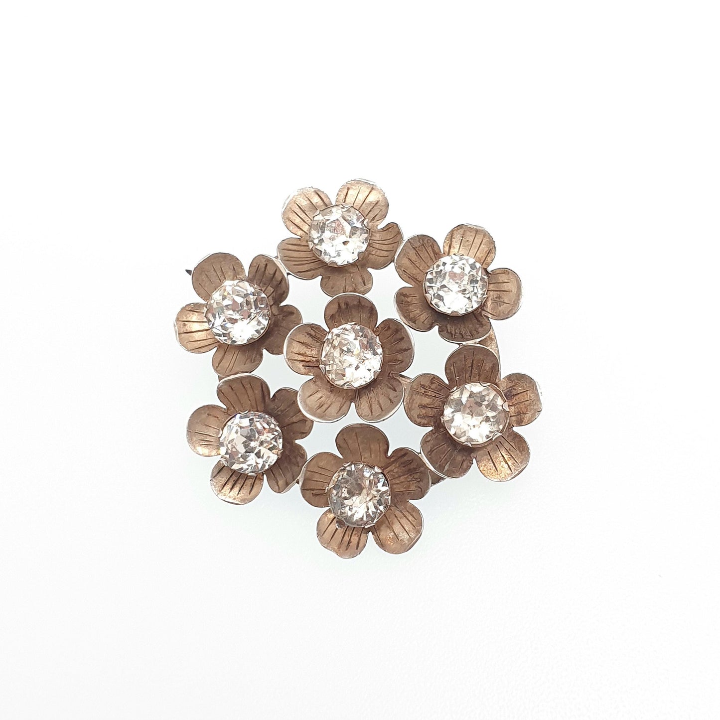 Antique Victorian Diamond Paste Flower Sterling Silver Brooch Pin 1889 Hallmark Vintage Floral Womens Jewelry Jewellery