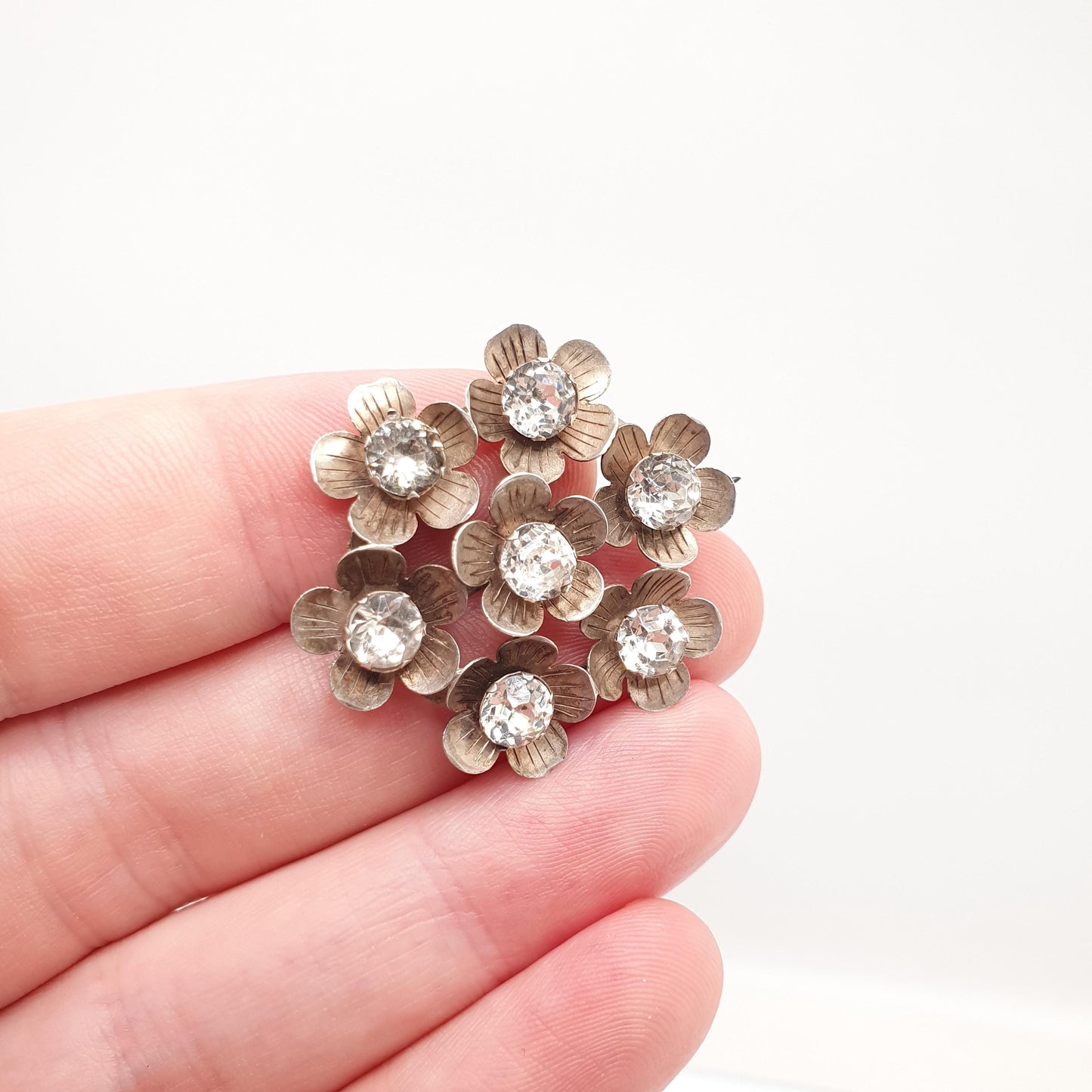 Antique Victorian Diamond Paste Flower Sterling Silver Brooch Pin 1889 Hallmark Vintage Floral Womens Jewelry Jewellery