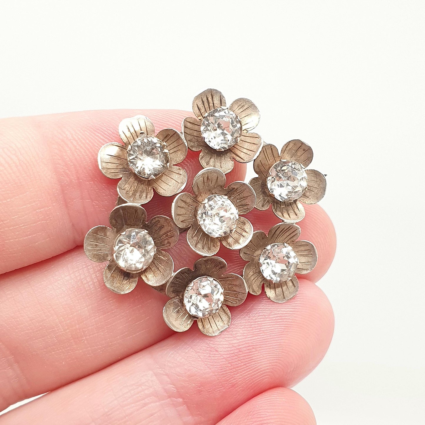 Antique Victorian Diamond Paste Flower Sterling Silver Brooch Pin 1889 Hallmark Vintage Floral Womens Jewelry Jewellery