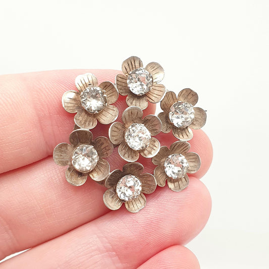 Antique Victorian Diamond Paste Flower Sterling Silver Brooch Pin 1889 Hallmark Vintage Floral Womens Jewelry Jewellery