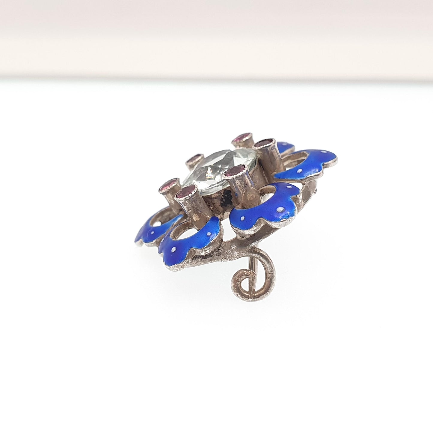 Antique Sterling Silver White Spinel Brooch Amethyst & Blue Enamel Victorian Flower Genuine Natural Gemstone Vintage