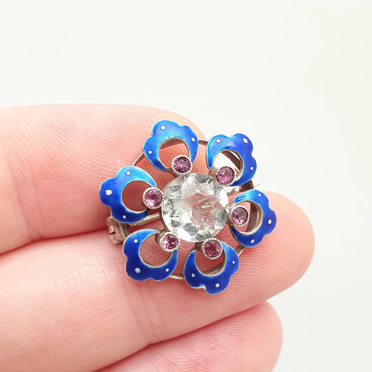 Antique Sterling Silver White Spinel Brooch Amethyst & Blue Enamel Victorian Flower Genuine Natural Gemstone Vintage
