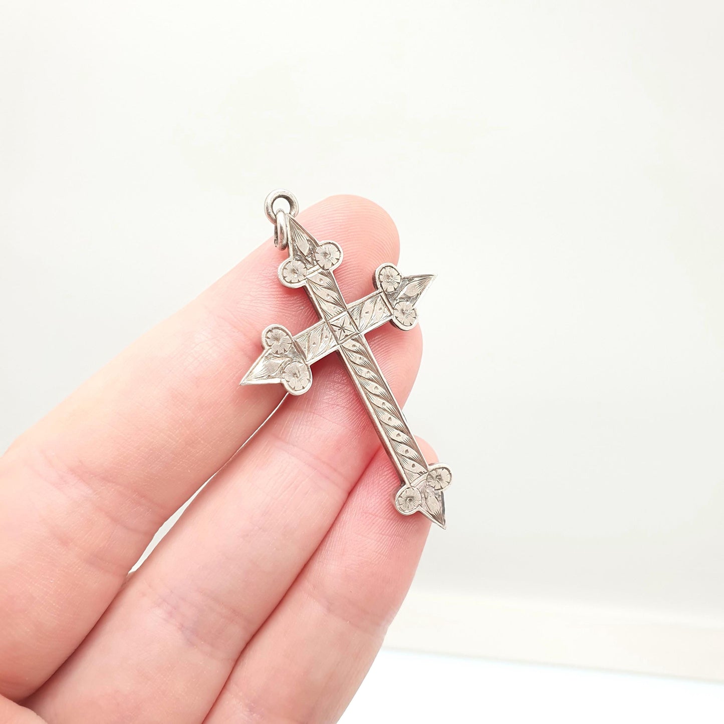 Antique Sterling Silver Crucifix Necklace Pendant 1898 Hallmark Pointed Engraved Cross Catholic Christian Vintage