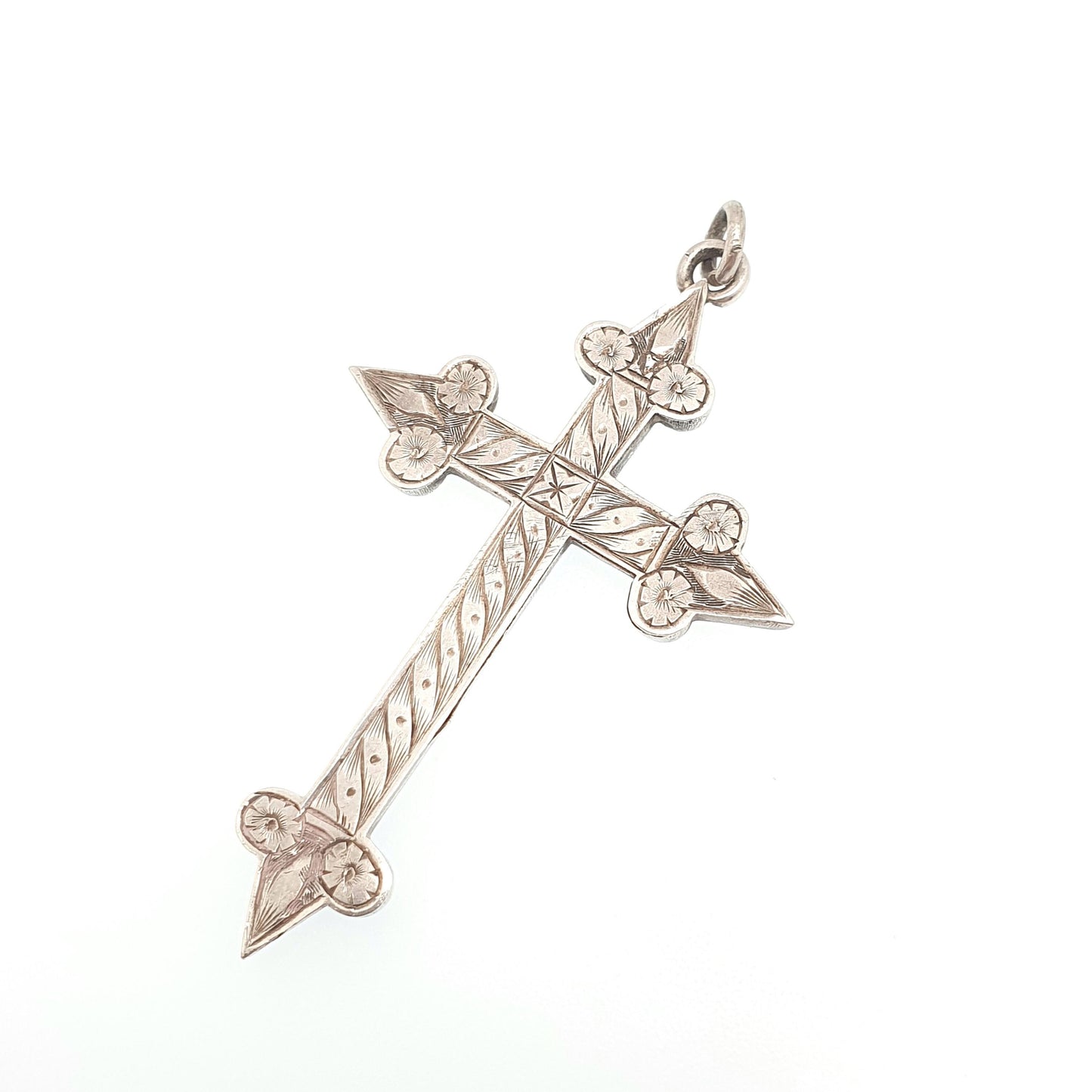Antique Sterling Silver Crucifix Necklace Pendant 1898 Hallmark Pointed Engraved Cross Catholic Christian Vintage