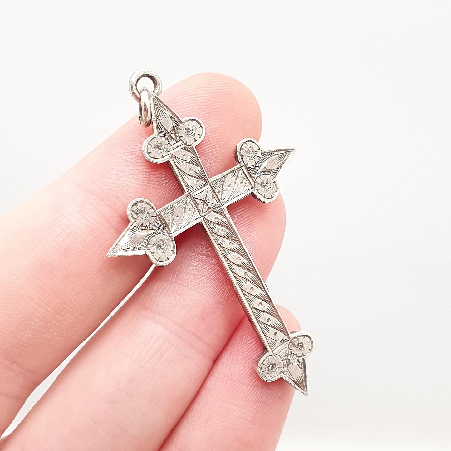 Antique Sterling Silver Crucifix Necklace Pendant 1898 Hallmark Pointed Engraved Cross Catholic Christian Vintage