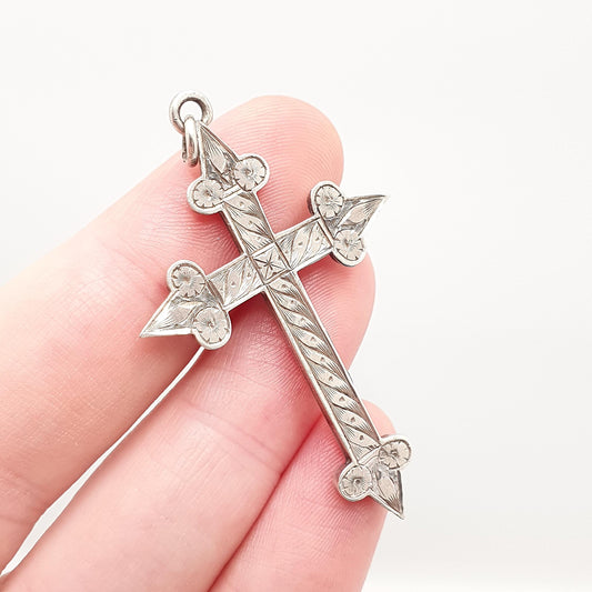Antique Sterling Silver Crucifix Necklace Pendant 1898 Hallmark Pointed Engraved Cross Catholic Christian Vintage