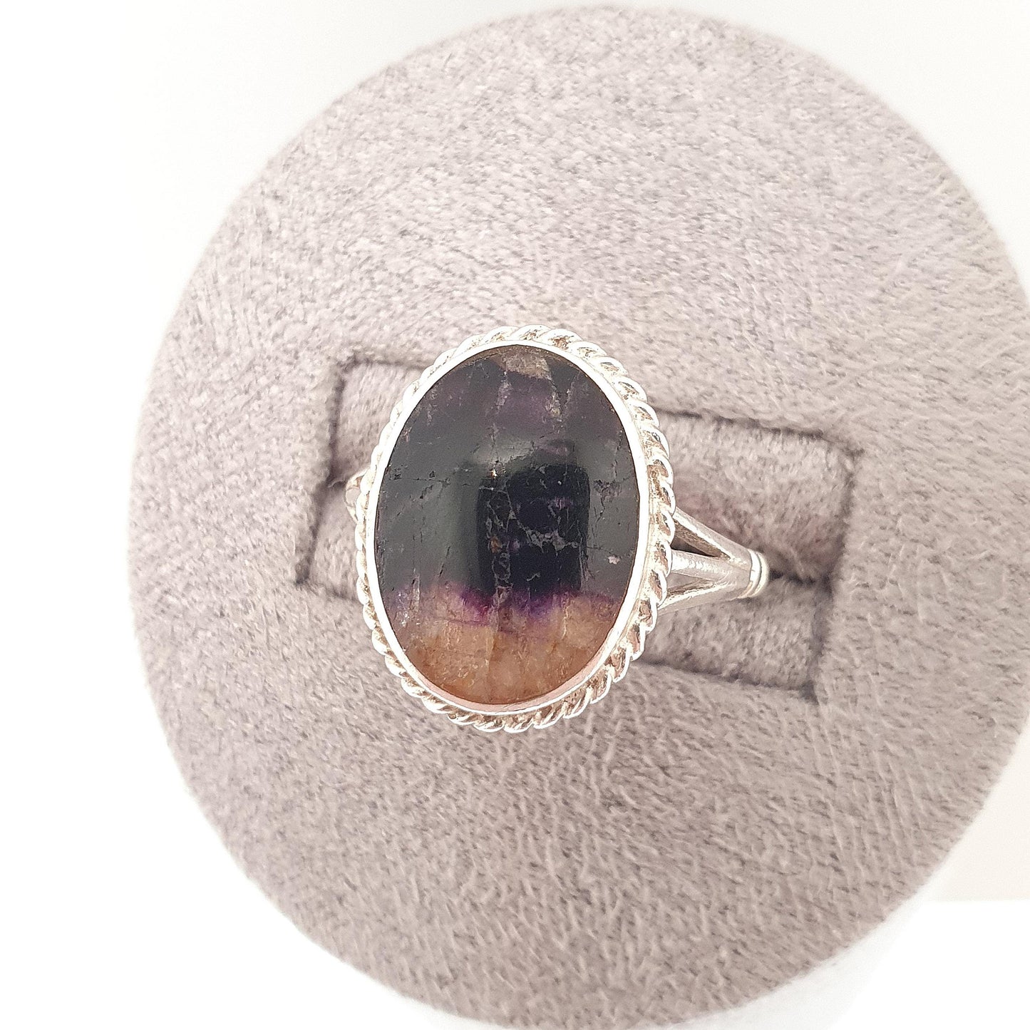 Vintage Blue John Sterling Silver Ring Signet Cabochon Oval 1967 Hallmark Fluorite Bleu Jaune Rare Gemstone Jewelry Jewellery