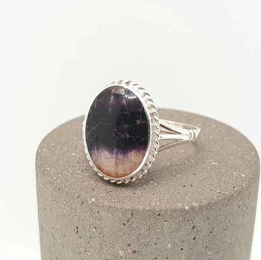 Vintage Blue John Sterling Silver Ring Signet Cabochon Oval 1967 Hallmark Fluorite Bleu Jaune Rare Gemstone Jewelry Jewellery