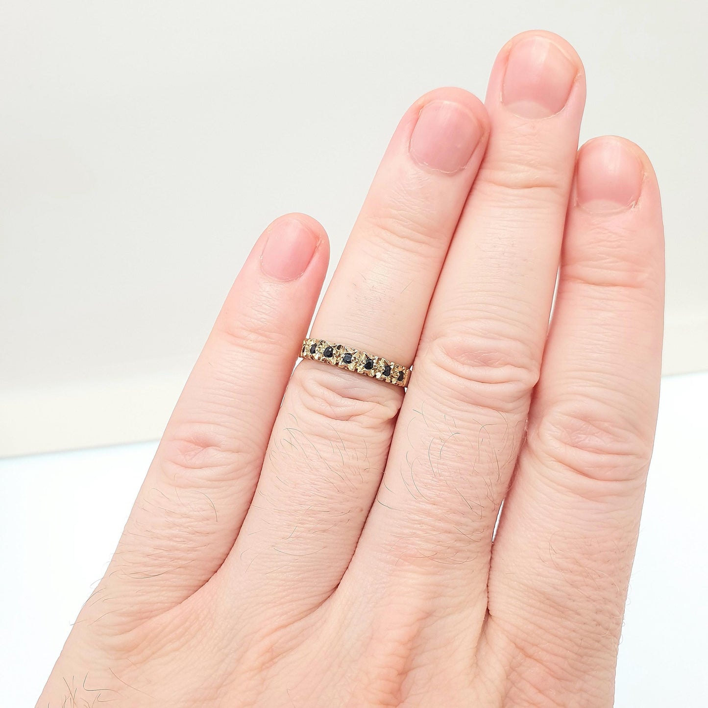 Vintage 9k Gold Sapphire Ring Half Eternity Solid 9ct 375 9kt Hallmark Blue Gemstone Womens Jewelry Jewellery