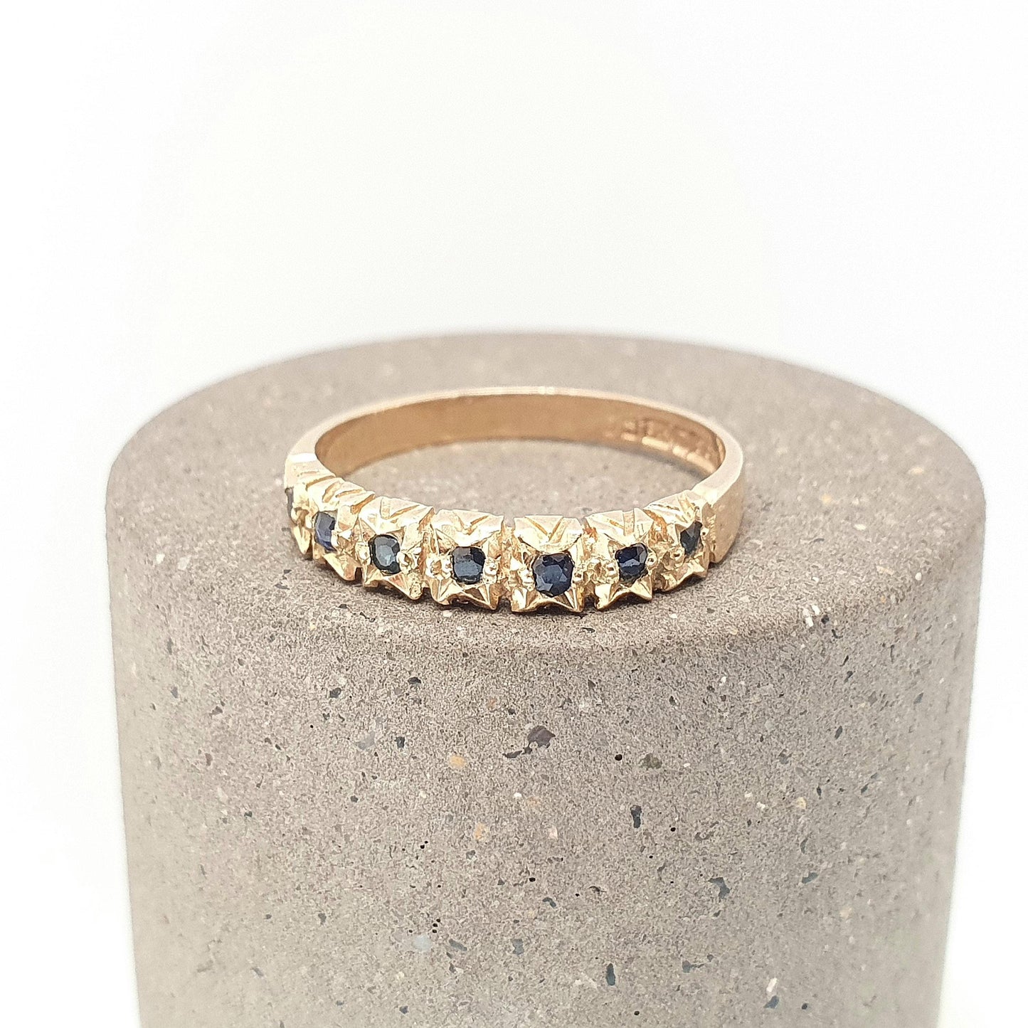 Vintage 9k Gold Sapphire Ring Half Eternity Solid 9ct 375 9kt Hallmark Blue Gemstone Womens Jewelry Jewellery