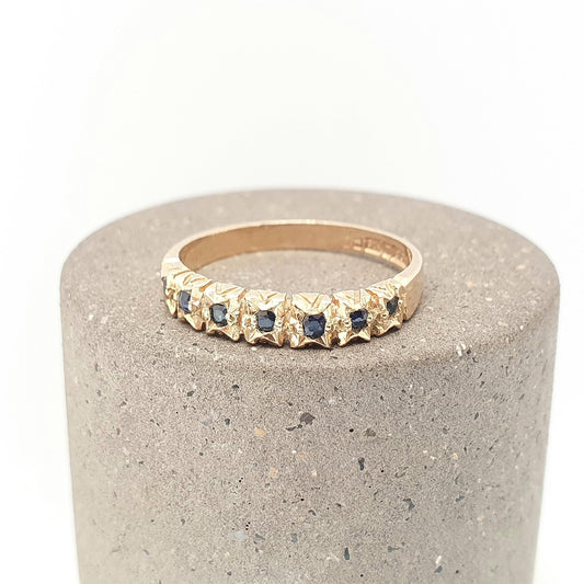 Vintage 9k Gold Sapphire Ring Half Eternity Solid 9ct 375 9kt Hallmark Blue Gemstone Womens Jewelry Jewellery