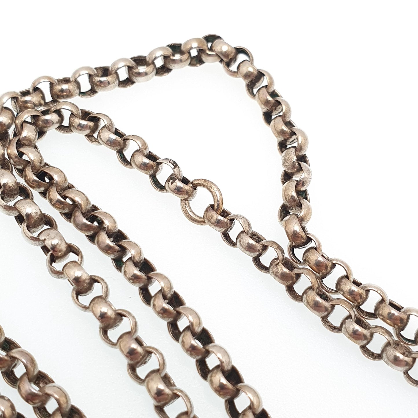 Antique Victorian Muff Chain Guard Necklace Silver Plate Belcher Rolo Link Dog Clip 41.37g 164cm 64" Very Long Vintage 1800s