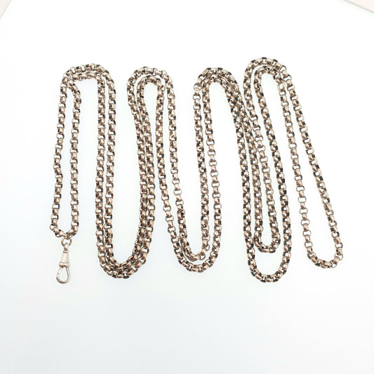 Antique Victorian Muff Chain Guard Necklace Silver Plate Belcher Rolo Link Dog Clip 41.37g 164cm 64" Very Long Vintage 1800s
