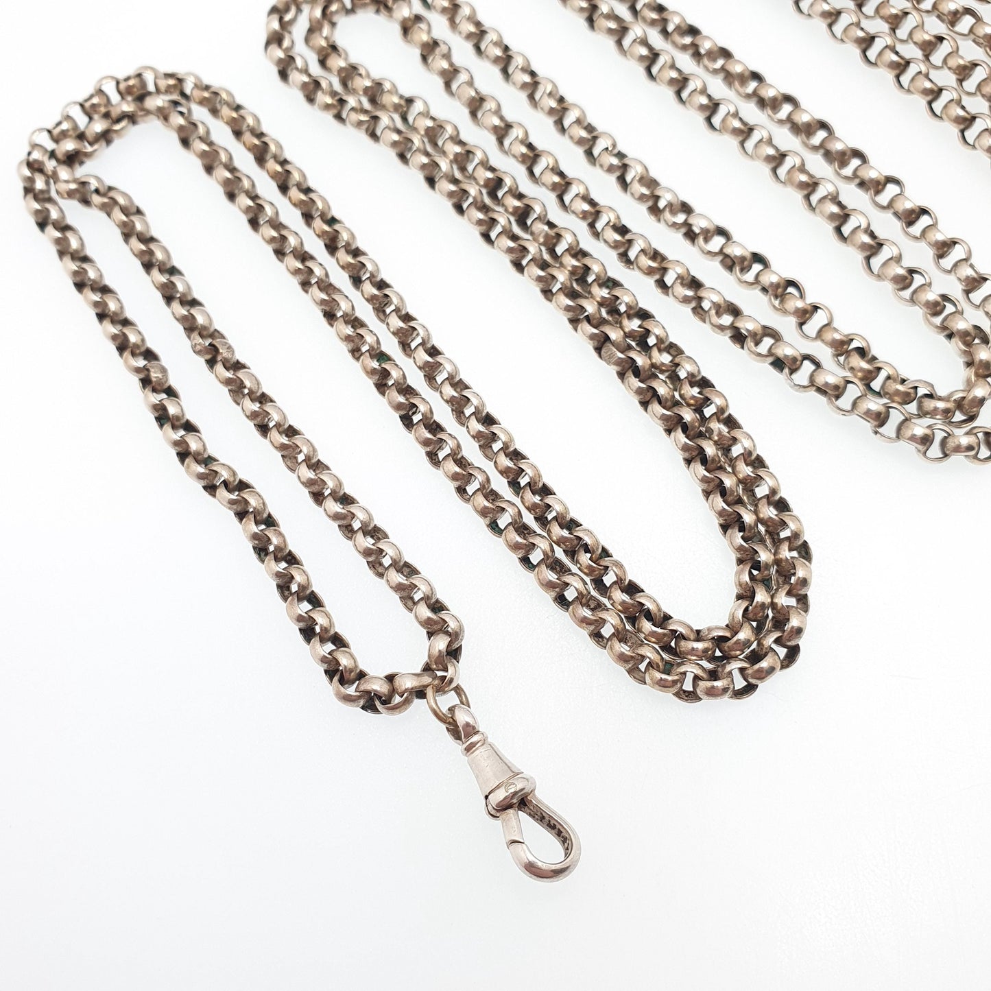 Antique Victorian Muff Chain Guard Necklace Silver Plate Belcher Rolo Link Dog Clip 41.37g 164cm 64" Very Long Vintage 1800s