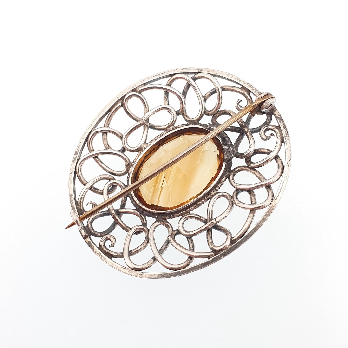 Antique Solid Silver Natural Citrine Brooch Arts Crafts Genuine Quartz Large Gemstone Oval Cut Vintage Yellow Orange Jewelry Jewellery