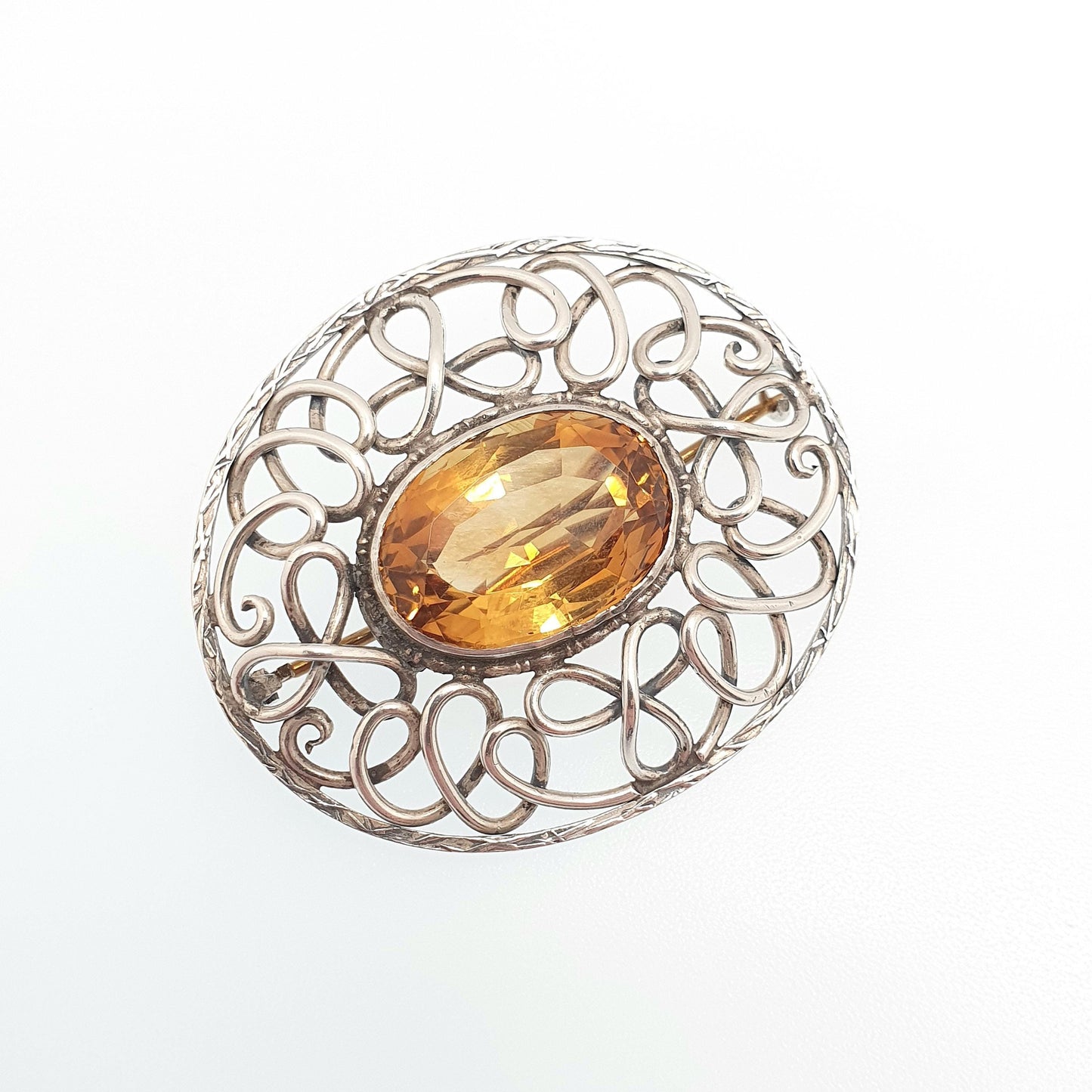 Antique Solid Silver Natural Citrine Brooch Arts Crafts Genuine Quartz Large Gemstone Oval Cut Vintage Yellow Orange Jewelry Jewellery