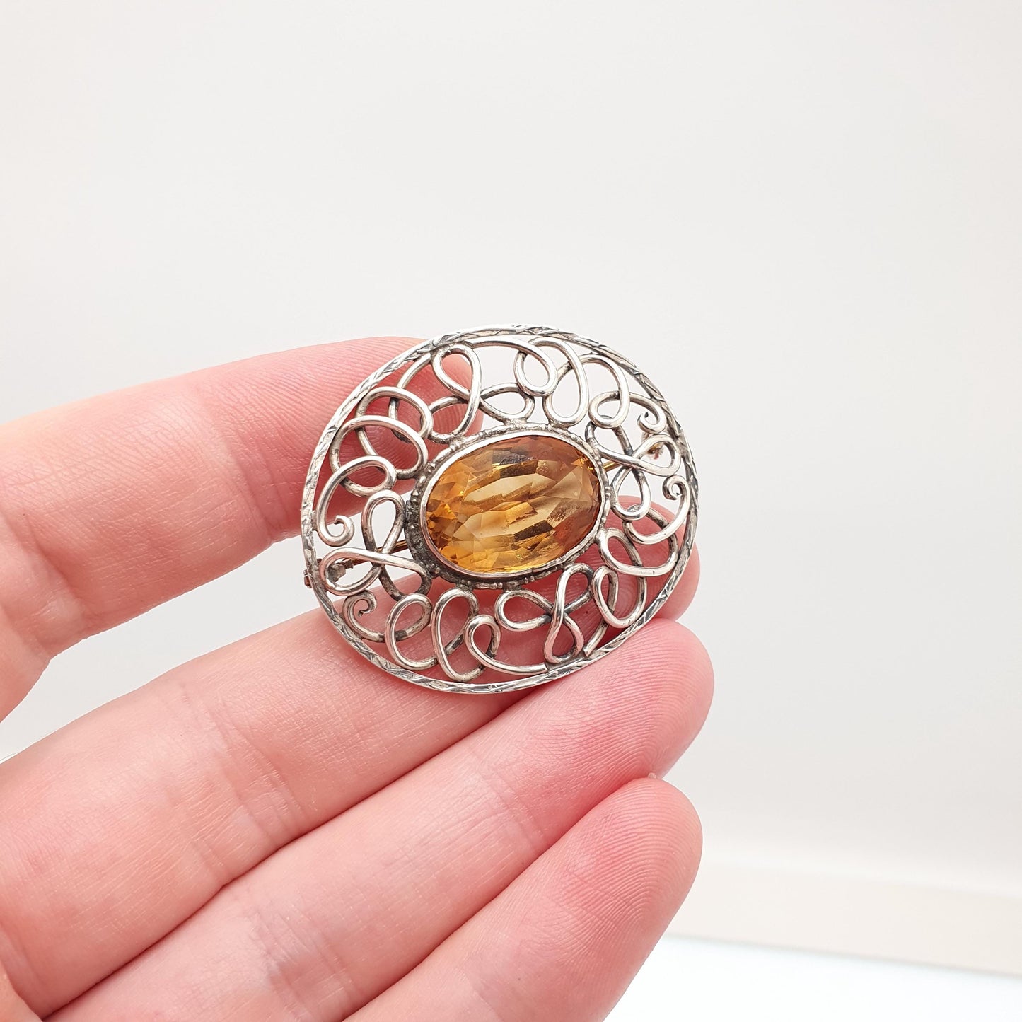 Antique Solid Silver Natural Citrine Brooch Arts Crafts Genuine Quartz Large Gemstone Oval Cut Vintage Yellow Orange Jewelry Jewellery