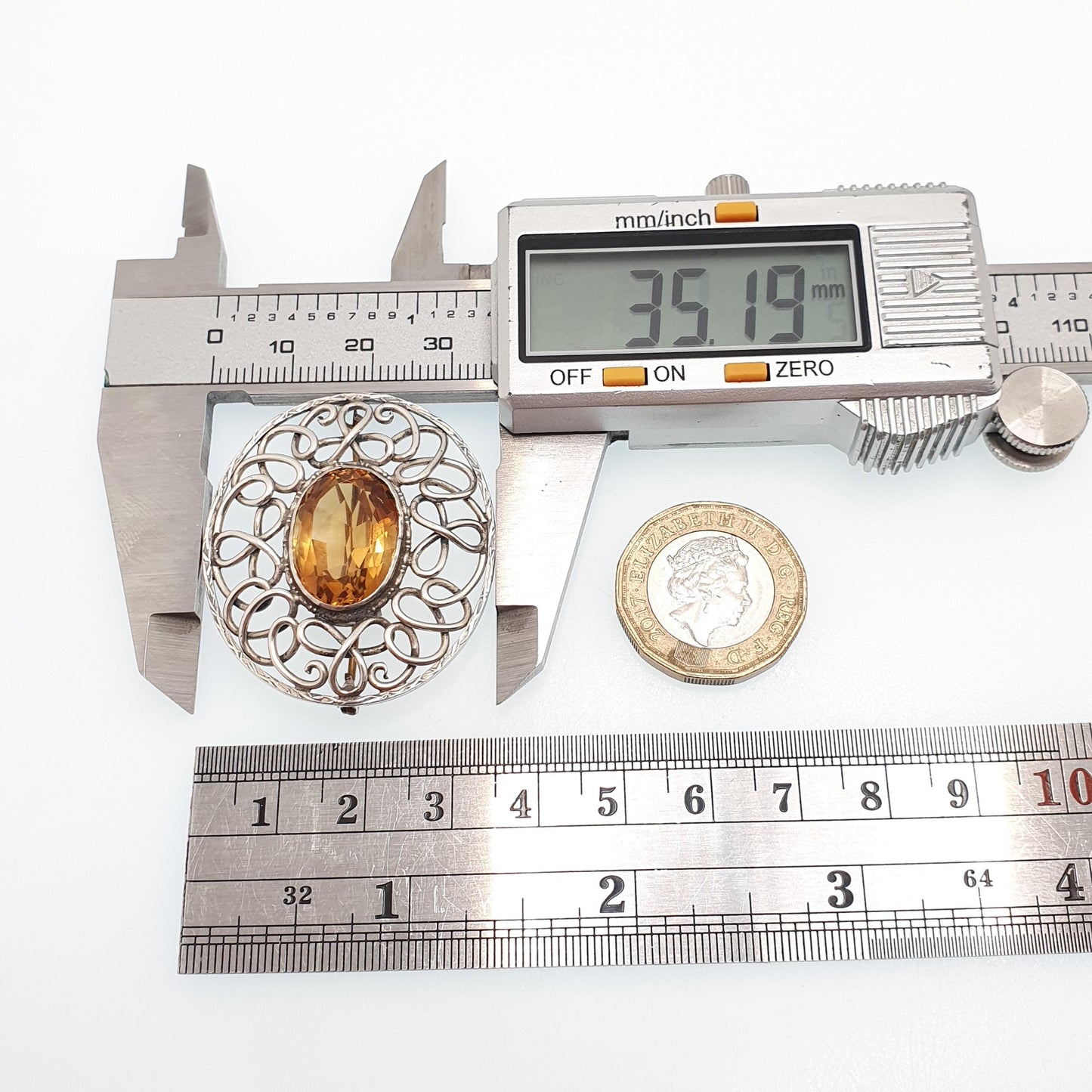 Antique Solid Silver Natural Citrine Brooch Arts Crafts Genuine Quartz Large Gemstone Oval Cut Vintage Yellow Orange Jewelry Jewellery
