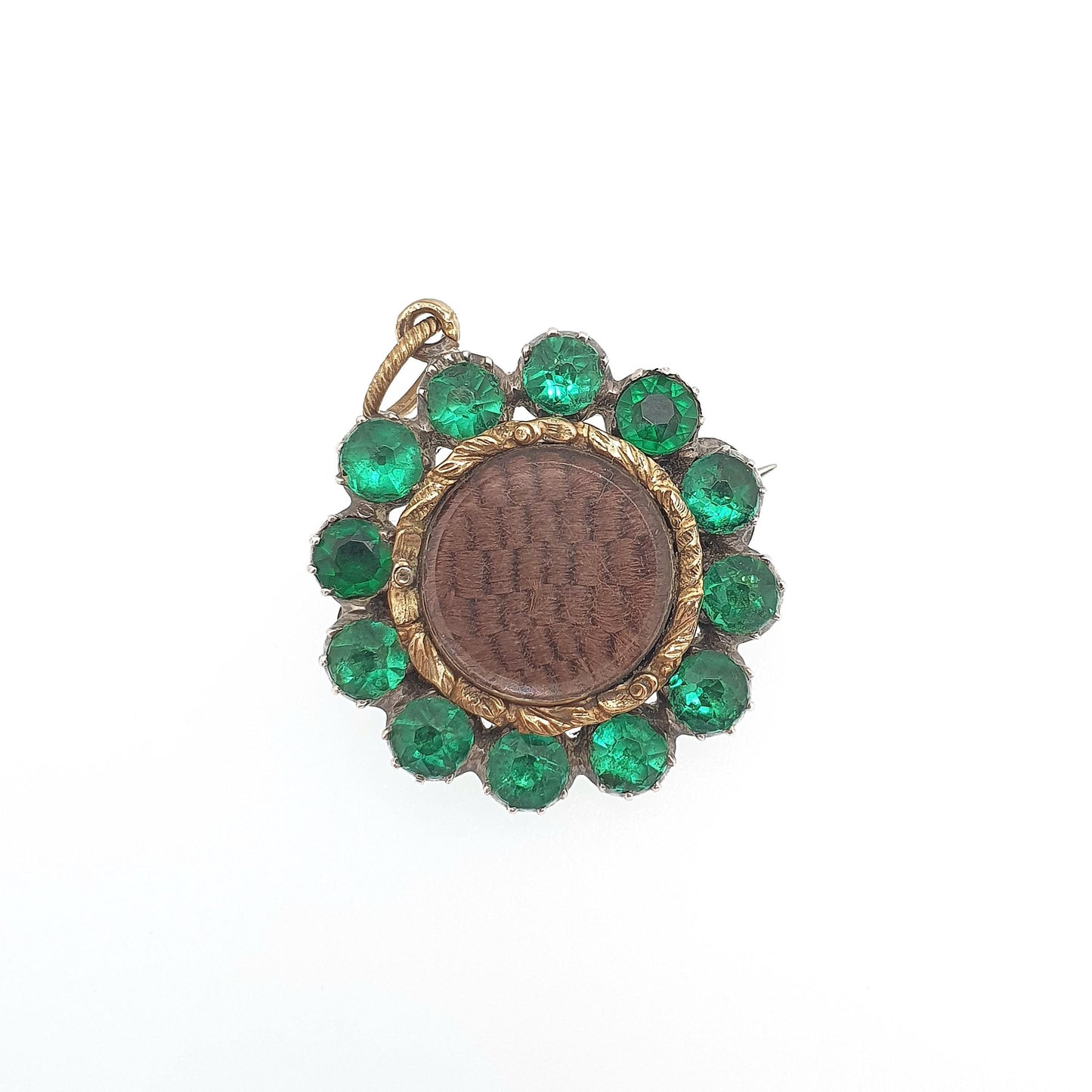 Antique Georgian Solid Silver Emerald Paste Necklace Pendant Brooch Rolled Gold Rear Cluster Mourning Hair Locket Vintage Jewelry Jewellery