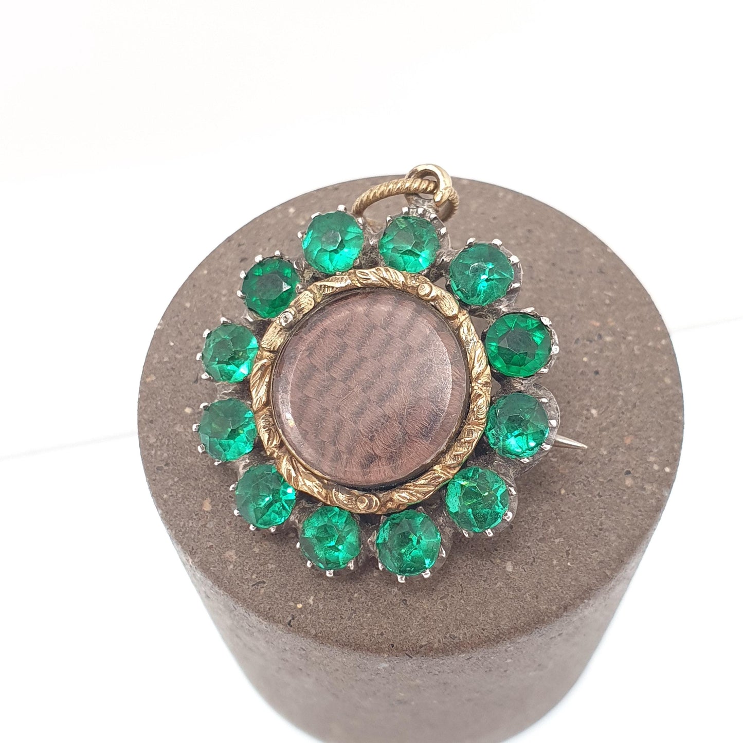 Antique Georgian Solid Silver Emerald Paste Necklace Pendant Brooch Rolled Gold Rear Cluster Mourning Hair Locket Vintage Jewelry Jewellery