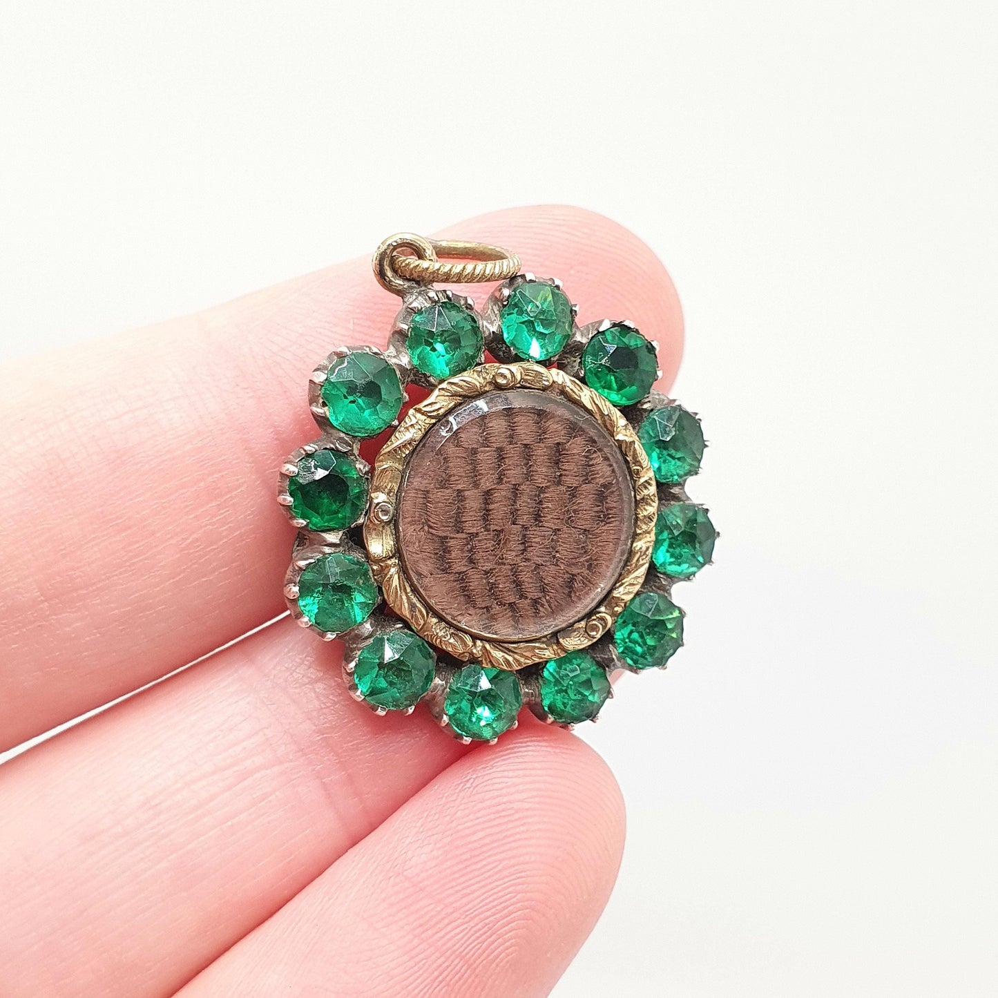 Antique Georgian Solid Silver Emerald Paste Necklace Pendant Brooch Rolled Gold Rear Cluster Mourning Hair Locket Vintage Jewelry Jewellery