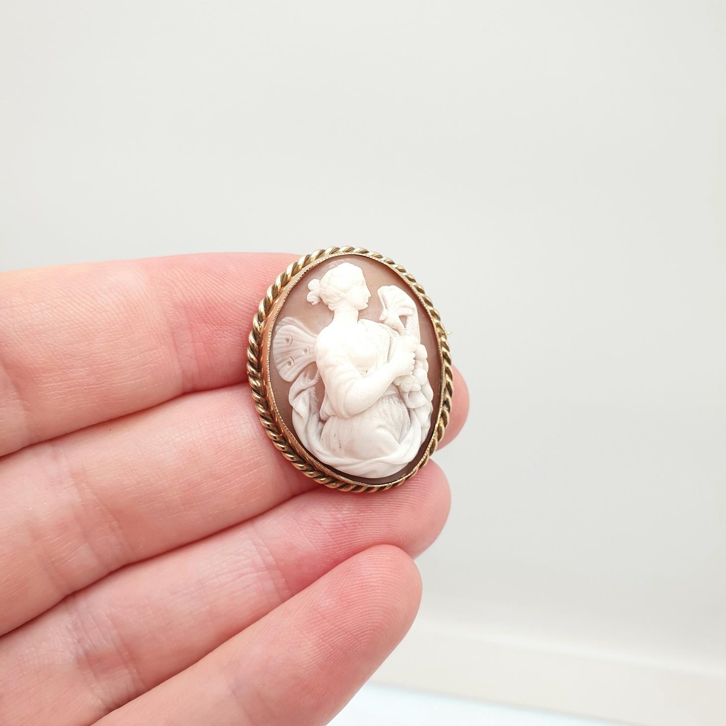 Antique 9ct Gold Cameo Brooch Psyche Greek Goddess Butterfly Wing Solid 9k 9kt Mount High Relief Vintage Womens Jewellery Jewelry