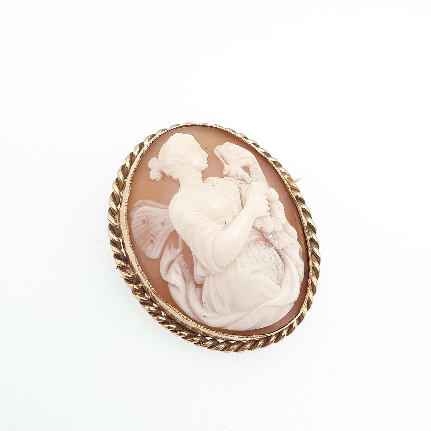 Antique 9ct Gold Cameo Brooch Psyche Greek Goddess Butterfly Wing Solid 9k 9kt Mount High Relief Vintage Womens Jewellery Jewelry